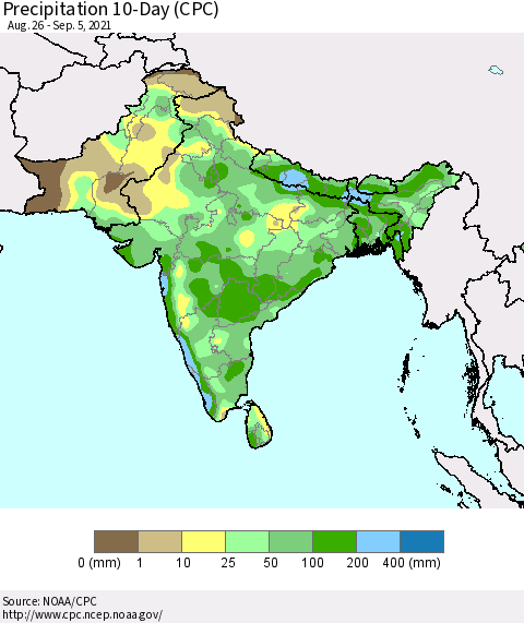 Southern Asia Precipitation 10-Day (CPC) Thematic Map For 8/26/2021 - 9/5/2021