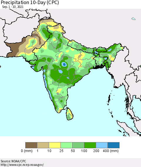Southern Asia Precipitation 10-Day (CPC) Thematic Map For 9/1/2021 - 9/10/2021