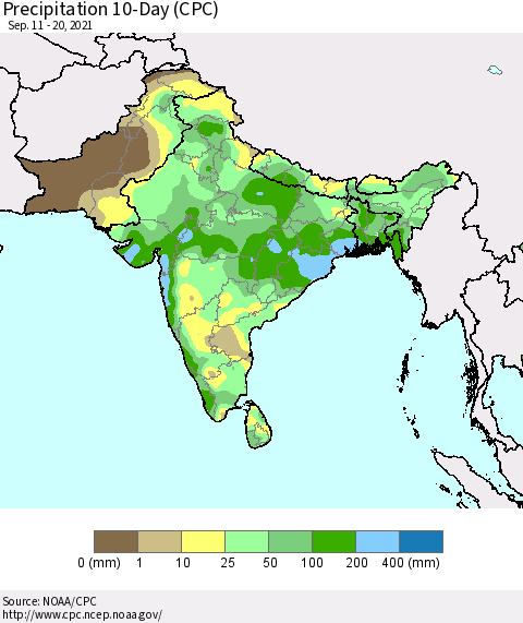 Southern Asia Precipitation 10-Day (CPC) Thematic Map For 9/11/2021 - 9/20/2021