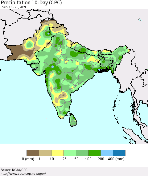 Southern Asia Precipitation 10-Day (CPC) Thematic Map For 9/16/2021 - 9/25/2021