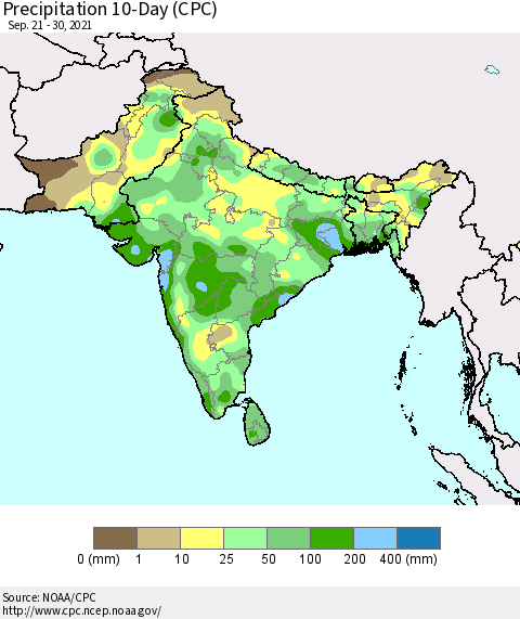 Southern Asia Precipitation 10-Day (CPC) Thematic Map For 9/21/2021 - 9/30/2021