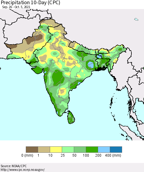 Southern Asia Precipitation 10-Day (CPC) Thematic Map For 9/26/2021 - 10/5/2021