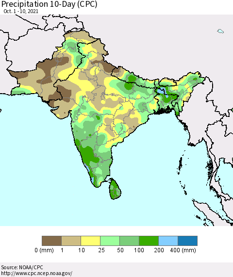 Southern Asia Precipitation 10-Day (CPC) Thematic Map For 10/1/2021 - 10/10/2021