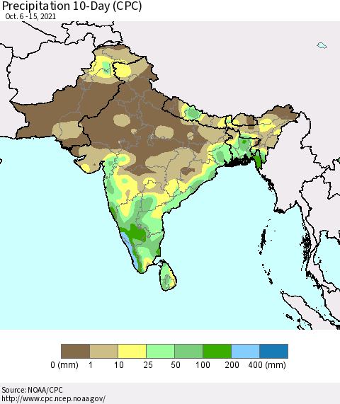 Southern Asia Precipitation 10-Day (CPC) Thematic Map For 10/6/2021 - 10/15/2021