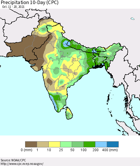 Southern Asia Precipitation 10-Day (CPC) Thematic Map For 10/11/2021 - 10/20/2021