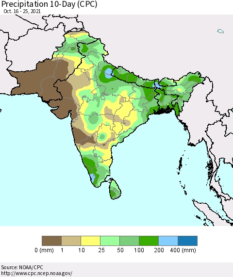 Southern Asia Precipitation 10-Day (CPC) Thematic Map For 10/16/2021 - 10/25/2021