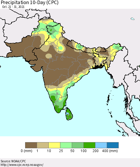 Southern Asia Precipitation 10-Day (CPC) Thematic Map For 10/21/2021 - 10/31/2021