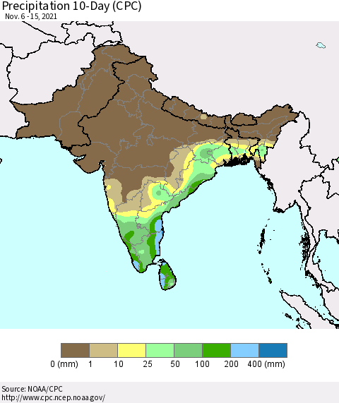 Southern Asia Precipitation 10-Day (CPC) Thematic Map For 11/6/2021 - 11/15/2021