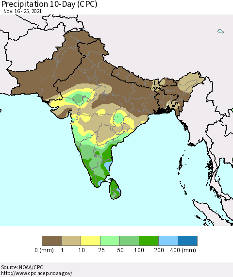 Southern Asia Precipitation 10-Day (CPC) Thematic Map For 11/16/2021 - 11/25/2021