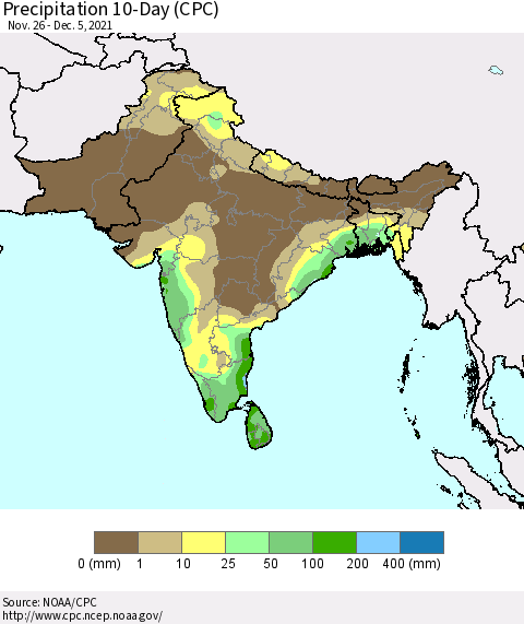 Southern Asia Precipitation 10-Day (CPC) Thematic Map For 11/26/2021 - 12/5/2021