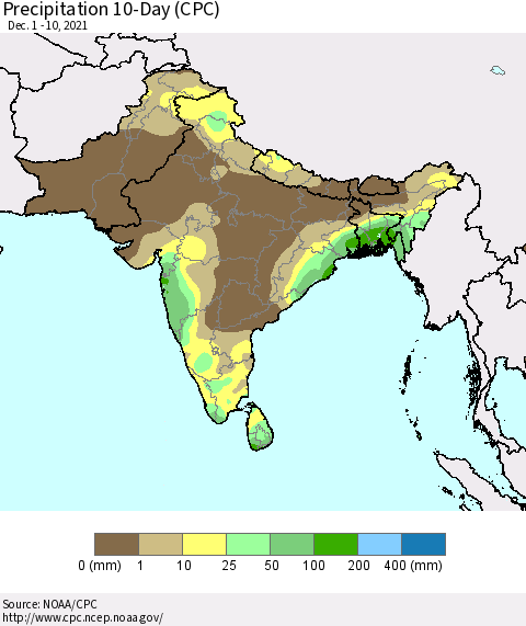 Southern Asia Precipitation 10-Day (CPC) Thematic Map For 12/1/2021 - 12/10/2021