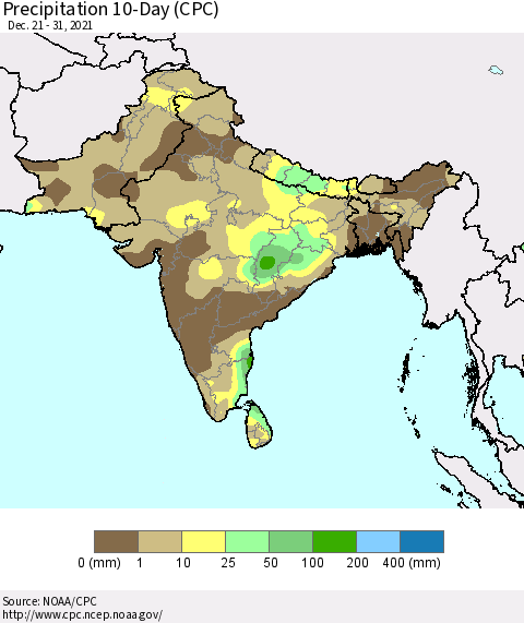 Southern Asia Precipitation 10-Day (CPC) Thematic Map For 12/21/2021 - 12/31/2021