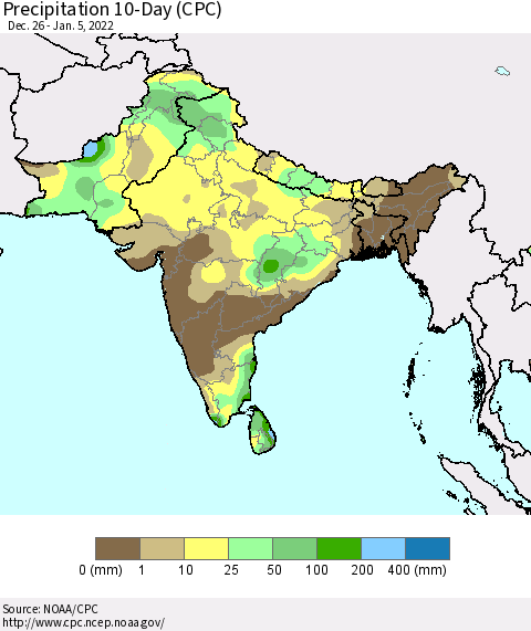 Southern Asia Precipitation 10-Day (CPC) Thematic Map For 12/26/2021 - 1/5/2022