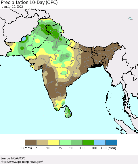 Southern Asia Precipitation 10-Day (CPC) Thematic Map For 1/1/2022 - 1/10/2022