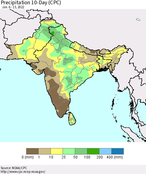 Southern Asia Precipitation 10-Day (CPC) Thematic Map For 1/6/2022 - 1/15/2022