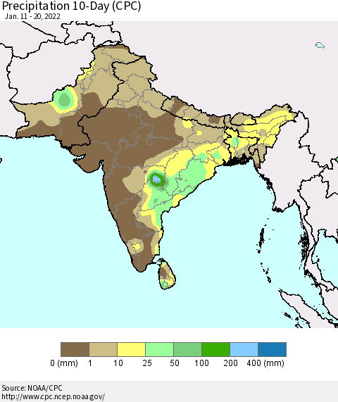 Southern Asia Precipitation 10-Day (CPC) Thematic Map For 1/11/2022 - 1/20/2022