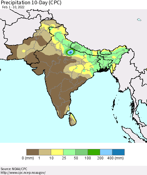 Southern Asia Precipitation 10-Day (CPC) Thematic Map For 2/1/2022 - 2/10/2022