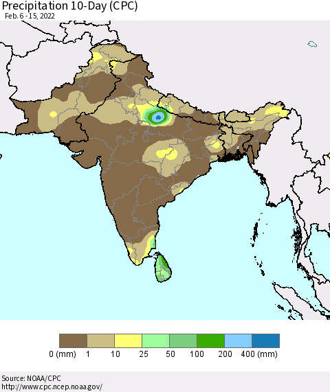 Southern Asia Precipitation 10-Day (CPC) Thematic Map For 2/6/2022 - 2/15/2022