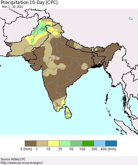 Southern Asia Precipitation 10-Day (CPC) Thematic Map For 3/1/2022 - 3/10/2022
