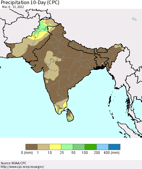 Southern Asia Precipitation 10-Day (CPC) Thematic Map For 3/6/2022 - 3/15/2022