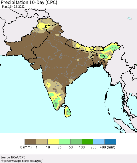 Southern Asia Precipitation 10-Day (CPC) Thematic Map For 3/16/2022 - 3/25/2022