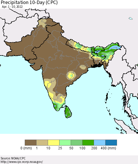 Southern Asia Precipitation 10-Day (CPC) Thematic Map For 4/1/2022 - 4/10/2022