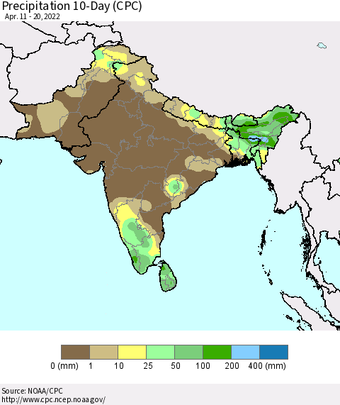 Southern Asia Precipitation 10-Day (CPC) Thematic Map For 4/11/2022 - 4/20/2022