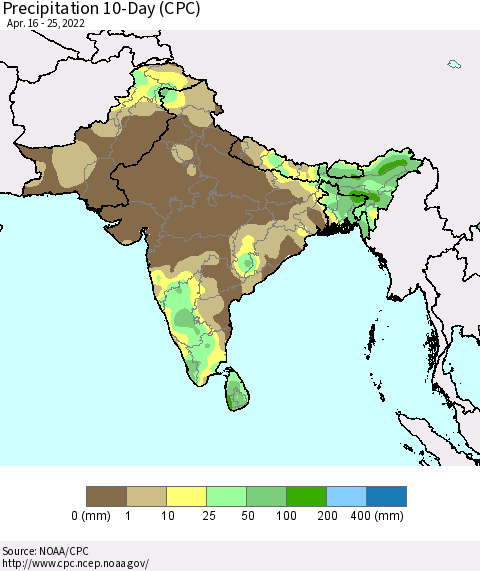 Southern Asia Precipitation 10-Day (CPC) Thematic Map For 4/16/2022 - 4/25/2022