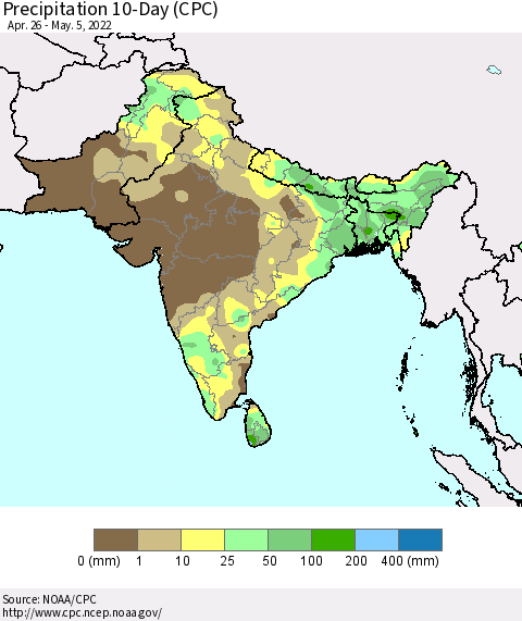 Southern Asia Precipitation 10-Day (CPC) Thematic Map For 4/26/2022 - 5/5/2022