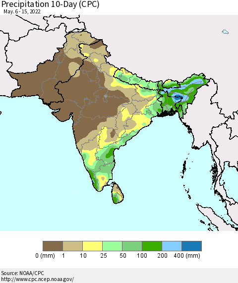Southern Asia Precipitation 10-Day (CPC) Thematic Map For 5/6/2022 - 5/15/2022