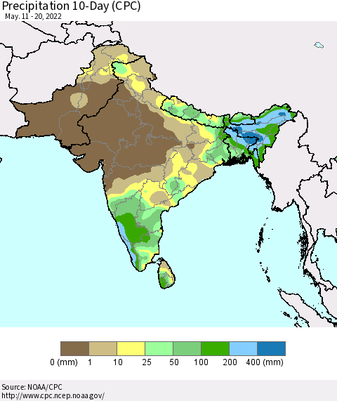 Southern Asia Precipitation 10-Day (CPC) Thematic Map For 5/11/2022 - 5/20/2022