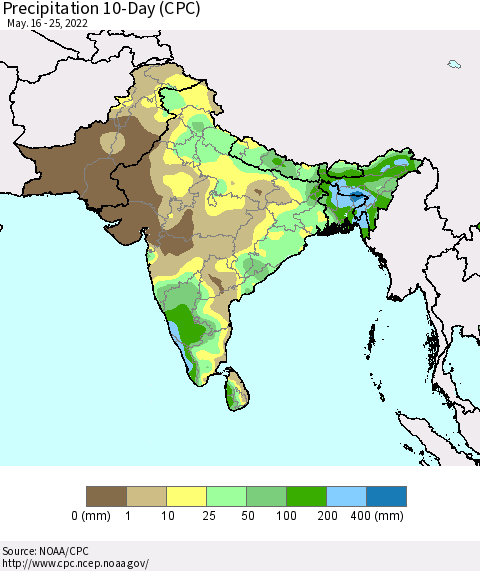 Southern Asia Precipitation 10-Day (CPC) Thematic Map For 5/16/2022 - 5/25/2022