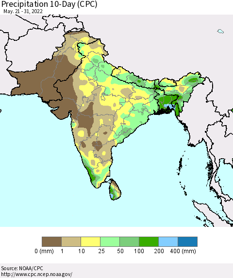 Southern Asia Precipitation 10-Day (CPC) Thematic Map For 5/21/2022 - 5/31/2022