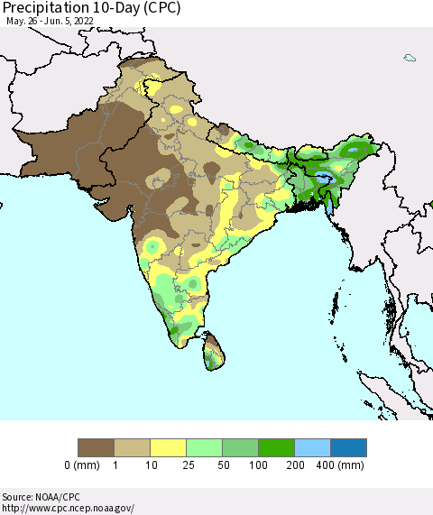 Southern Asia Precipitation 10-Day (CPC) Thematic Map For 5/26/2022 - 6/5/2022