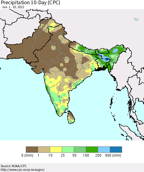 Southern Asia Precipitation 10-Day (CPC) Thematic Map For 6/1/2022 - 6/10/2022