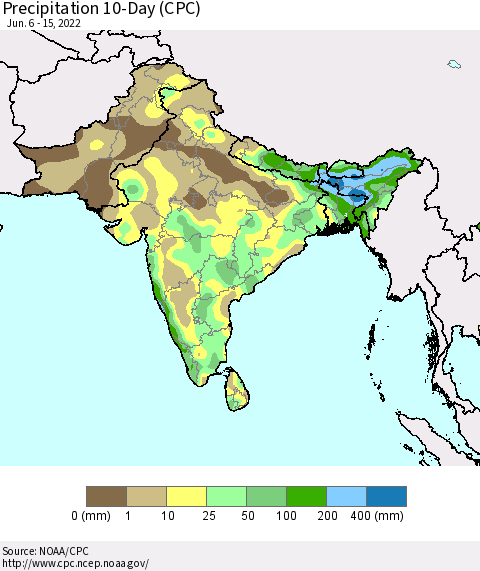 Southern Asia Precipitation 10-Day (CPC) Thematic Map For 6/6/2022 - 6/15/2022