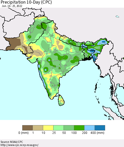 Southern Asia Precipitation 10-Day (CPC) Thematic Map For 6/16/2022 - 6/25/2022