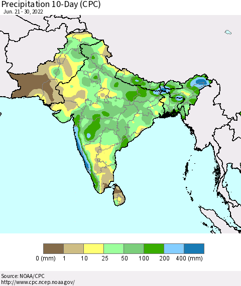 Southern Asia Precipitation 10-Day (CPC) Thematic Map For 6/21/2022 - 6/30/2022