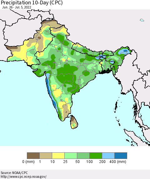 Southern Asia Precipitation 10-Day (CPC) Thematic Map For 6/26/2022 - 7/5/2022