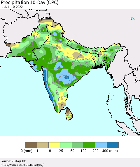 Southern Asia Precipitation 10-Day (CPC) Thematic Map For 7/1/2022 - 7/10/2022
