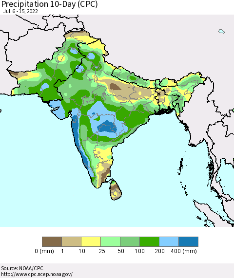 Southern Asia Precipitation 10-Day (CPC) Thematic Map For 7/6/2022 - 7/15/2022