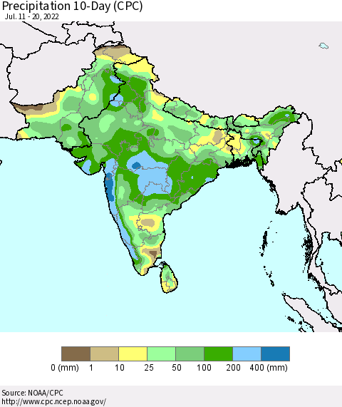 Southern Asia Precipitation 10-Day (CPC) Thematic Map For 7/11/2022 - 7/20/2022