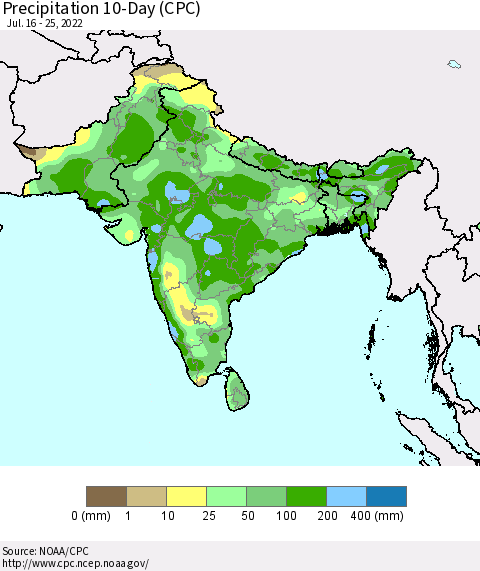 Southern Asia Precipitation 10-Day (CPC) Thematic Map For 7/16/2022 - 7/25/2022
