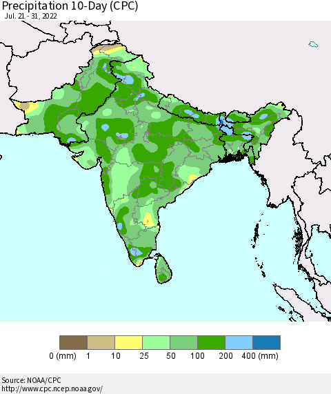 Southern Asia Precipitation 10-Day (CPC) Thematic Map For 7/21/2022 - 7/31/2022
