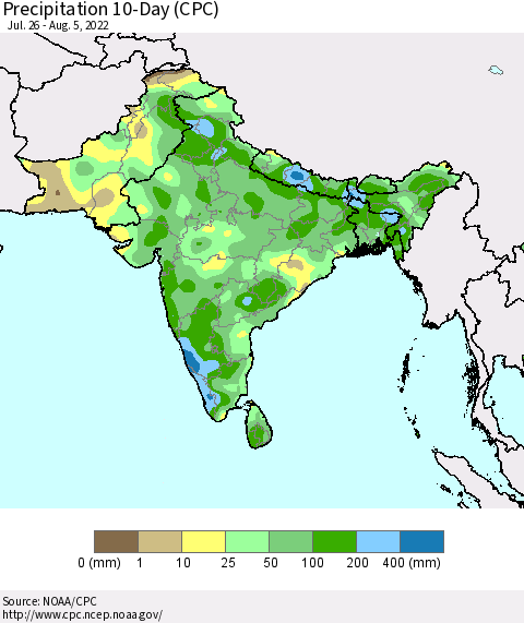 Southern Asia Precipitation 10-Day (CPC) Thematic Map For 7/26/2022 - 8/5/2022