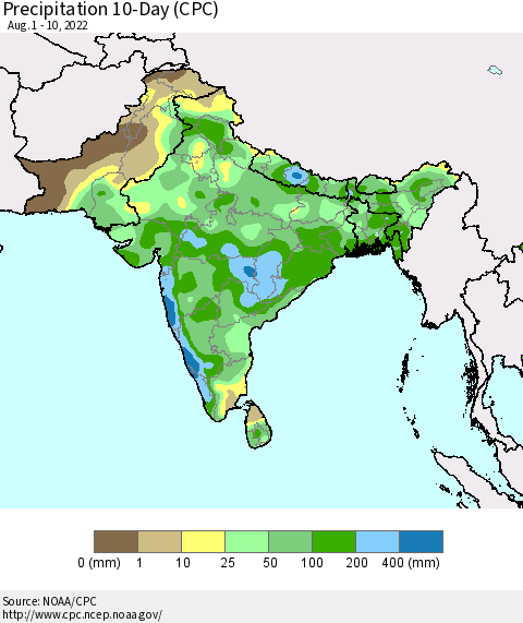 Southern Asia Precipitation 10-Day (CPC) Thematic Map For 8/1/2022 - 8/10/2022