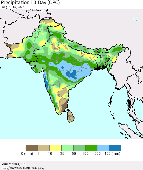 Southern Asia Precipitation 10-Day (CPC) Thematic Map For 8/6/2022 - 8/15/2022