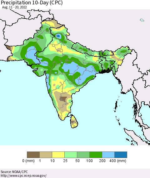 Southern Asia Precipitation 10-Day (CPC) Thematic Map For 8/11/2022 - 8/20/2022