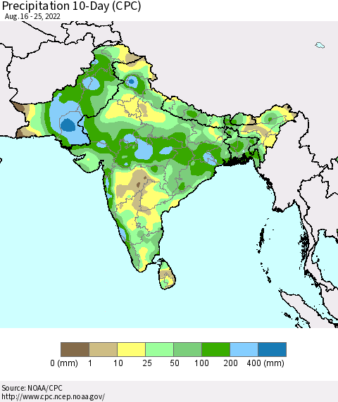 Southern Asia Precipitation 10-Day (CPC) Thematic Map For 8/16/2022 - 8/25/2022