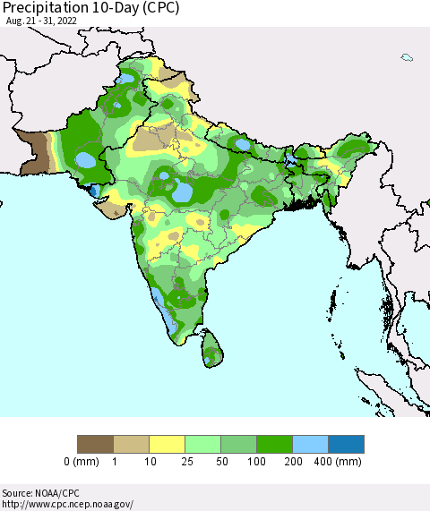 Southern Asia Precipitation 10-Day (CPC) Thematic Map For 8/21/2022 - 8/31/2022